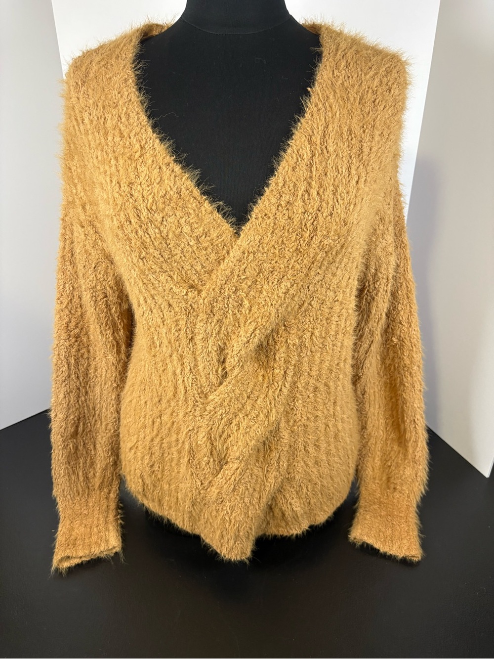 Bluivy Fuzzy V-Neck Sweater in Mustard Gold